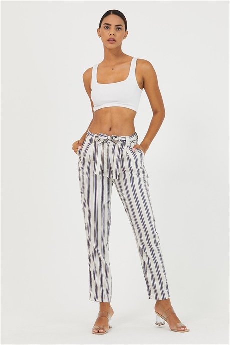 Kadın Çizgili Kuşaklı Pantolon Beyaz-83MSPOBEY