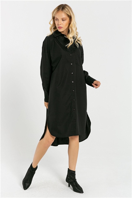 Kadın Önü Düğmeli Cepli  Elbise 61125 Siyah-459MSPOSIY