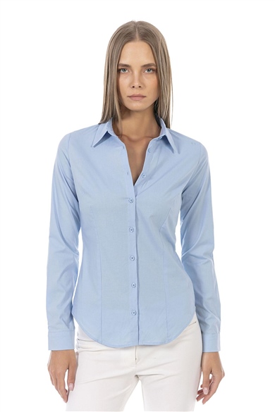 Kadın  Belden Oturtmalı  Basic Gömlek 22265 Mavi
