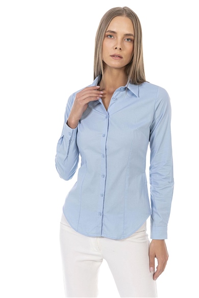 Kadın  Belden Oturtmalı  Basic Gömlek 22265 Mavi-579MSPOMAV