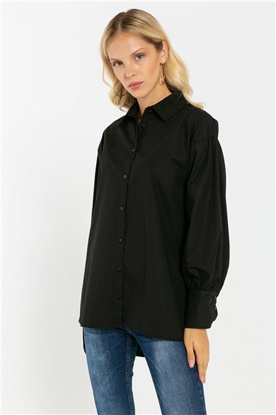Kadın Arkası Uzun Baskı Detaylı Kolları Büzgülü Gömlek 27023 Siyah-491MSPOSIY