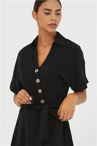 Kadın Bağlamalı Düğmeli Elbise Siyah-133MSPOSIY