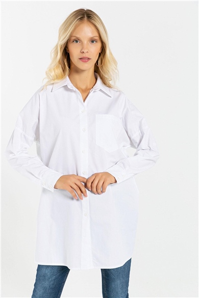 Kadın Cep Detaylı Uzun Gömlek 27049  Beyaz