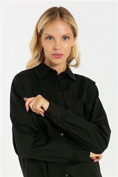 Kadın Cep Detaylı Uzun Gömlek 27049  Siyah-563MSPOSIY