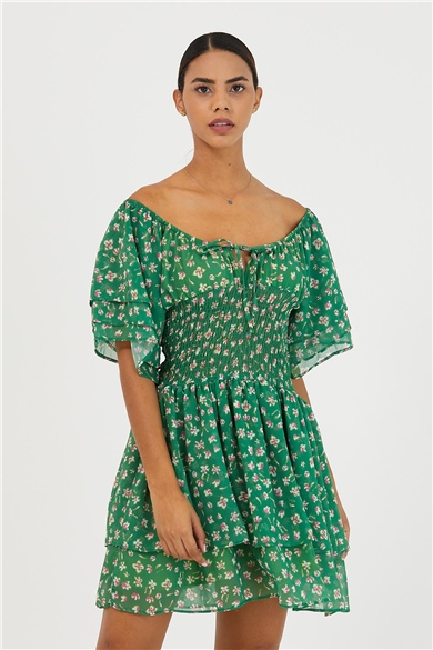 Kadın Çiçek Desenli Şifon Elbise  Yeşil-167MSPOYES