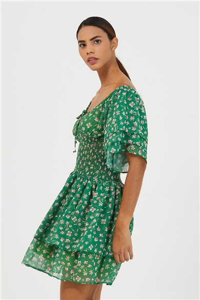 Kadın Çiçek Desenli Şifon Elbise  Yeşil-167MSPOYES