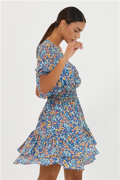 Kadın Çiçekli Açık Yaka Elbise Mavi-142MSPOMAV