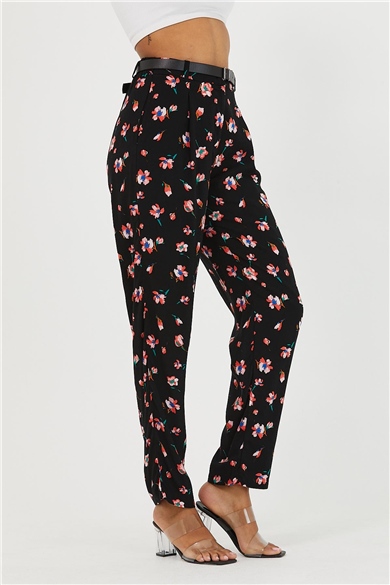 Kadın Çiçekli Kemerli Pantolon Siyah-73MSPOSIY