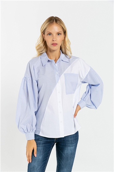 Kadın Çizgili Asimetrik Kolu Büzgülü Gömlek 27056 Açık Mavi-473MSPOAMV