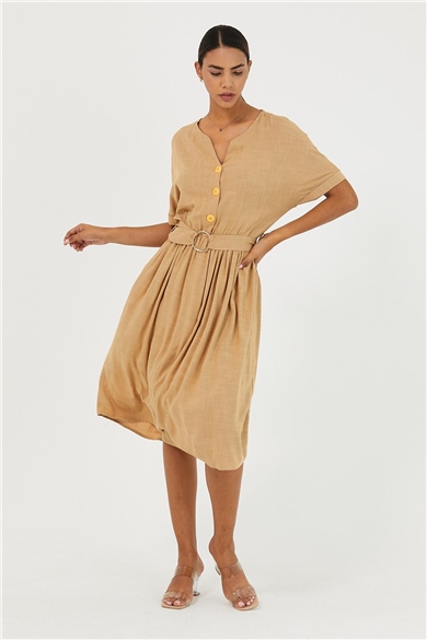 Kadın Düğmeli Tokalı Elbise Camel-165MSPOCML
