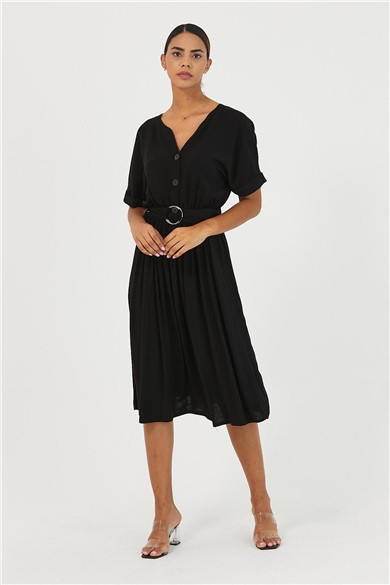 Kadın Düğmeli Tokalı Elbise Siyah-165MSPOSIY