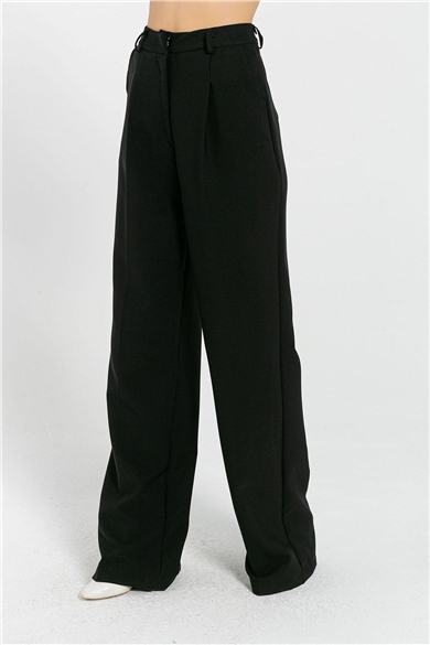 Kadın Önü Pileli Uzun Cepli Bol Pantolon  45190 Siyah-501MSPOSIY